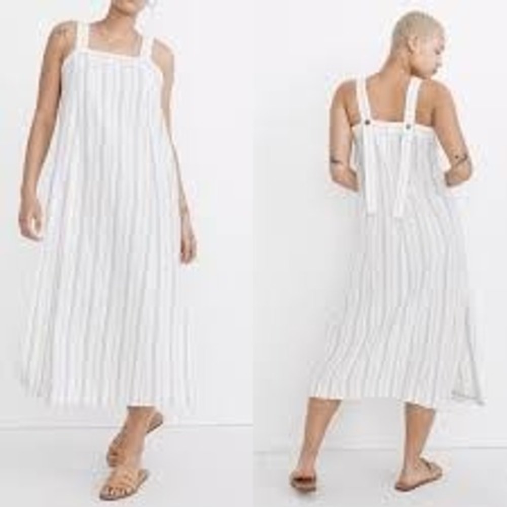 Madewell Striped Linen Blend Button Strap Midi Dress White Blue Tan Large - Picture 2 of 10